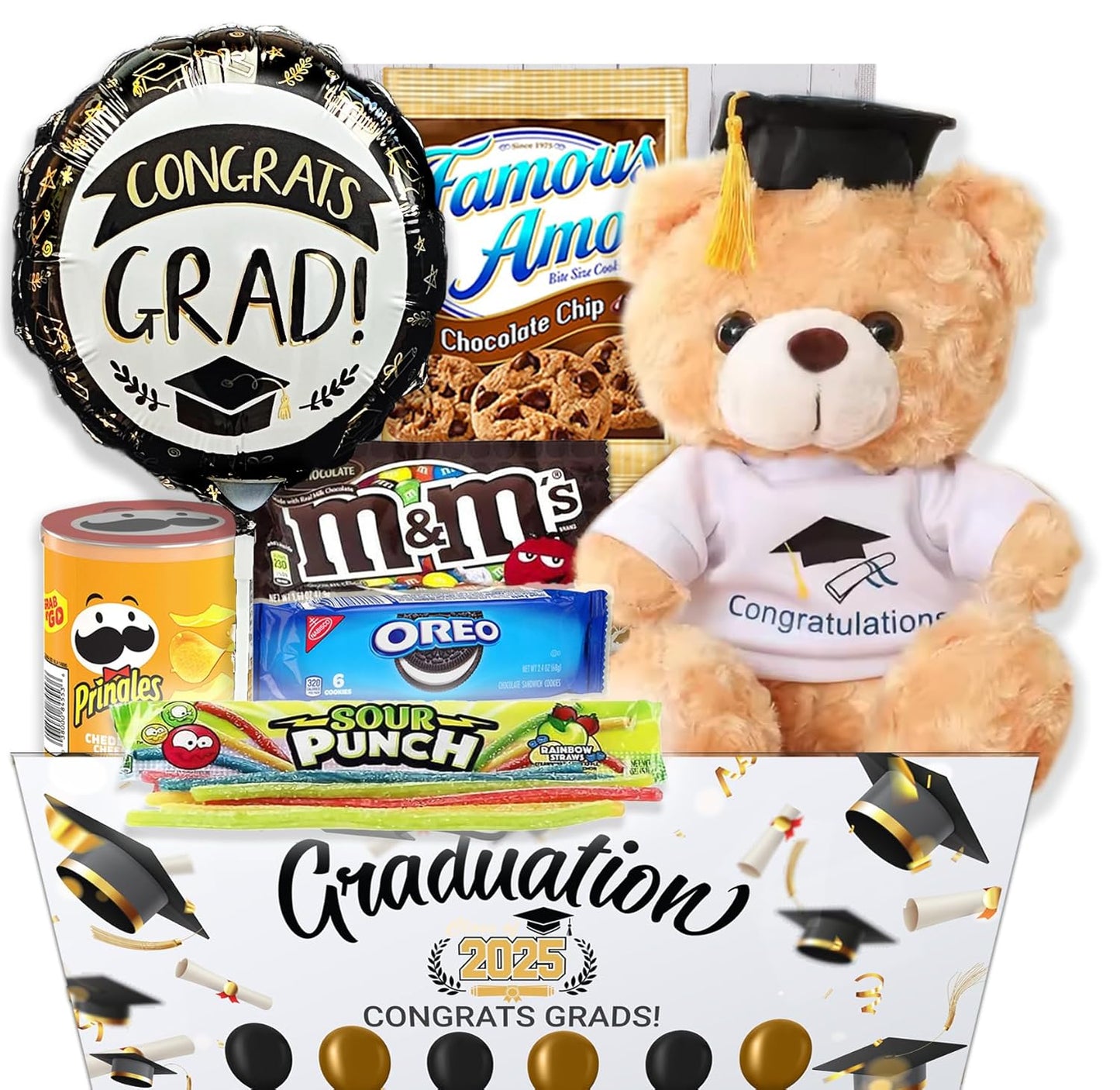 2025 Graduation Gifts Set Care package, Congrats Grad Gift Basket Set Include Balloon, Candy Cookies & Snacks Teddy Bear for Senior College Graduated Boy/Girl
