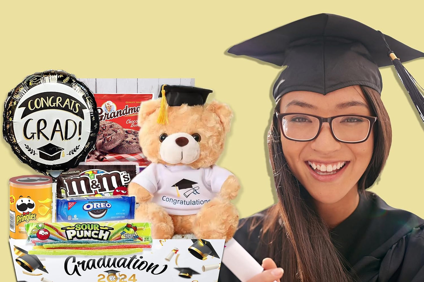 2025 Graduation Gifts Set Care package, Congrats Grad Gift Basket Set Include Balloon, Candy Cookies & Snacks Teddy Bear for Senior College Graduated Boy/Girl