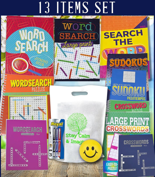 Activity & Puzzle Books Bundle for Adults - 13 Item (Get Well Soon) in a Tote Bag. Word Search, Crossword, Sudoku Pens & Brain Teasers for Seniors, Recovery, Hospital, Surgery Rehab, Brain Exercise