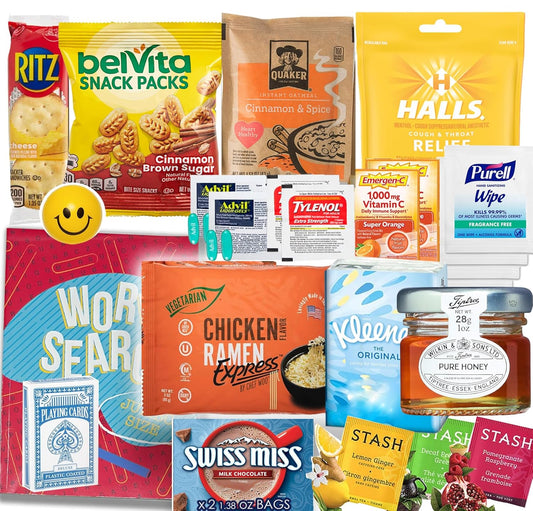 Flu Get Well Gift Basket Care Package – Snacks, Vitamin C, Medicine, Greeting Card, Wipes & Fun Activities – Comfort Gift Set with Tea, Stress Relief Colds, Flu, Allergies for adult & Teenage