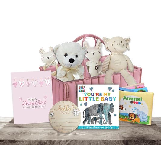 Premium New Baby Girl Gift Basket Newborn Essentials Care Package in Diaper Caddy Organizer Elephant Plush Toy, Baby Clothes, Bath Set, Hooded Towel, Rattle, Keepsakes & More Pink & White