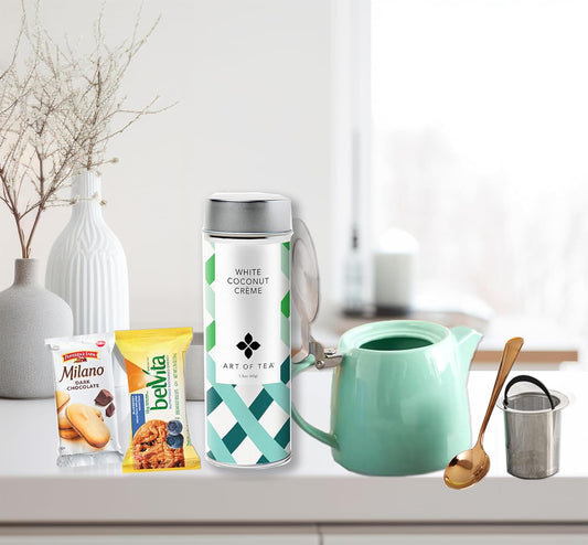 Tea Lover Gift Basket with Porcelain Teapot & Strainer, Funny Tea Socks, Herbal Tea, Golden Spoon, Wafers & Cookies Tea Gift Set for Women, Mom, Birthday, Get Well, Relaxation