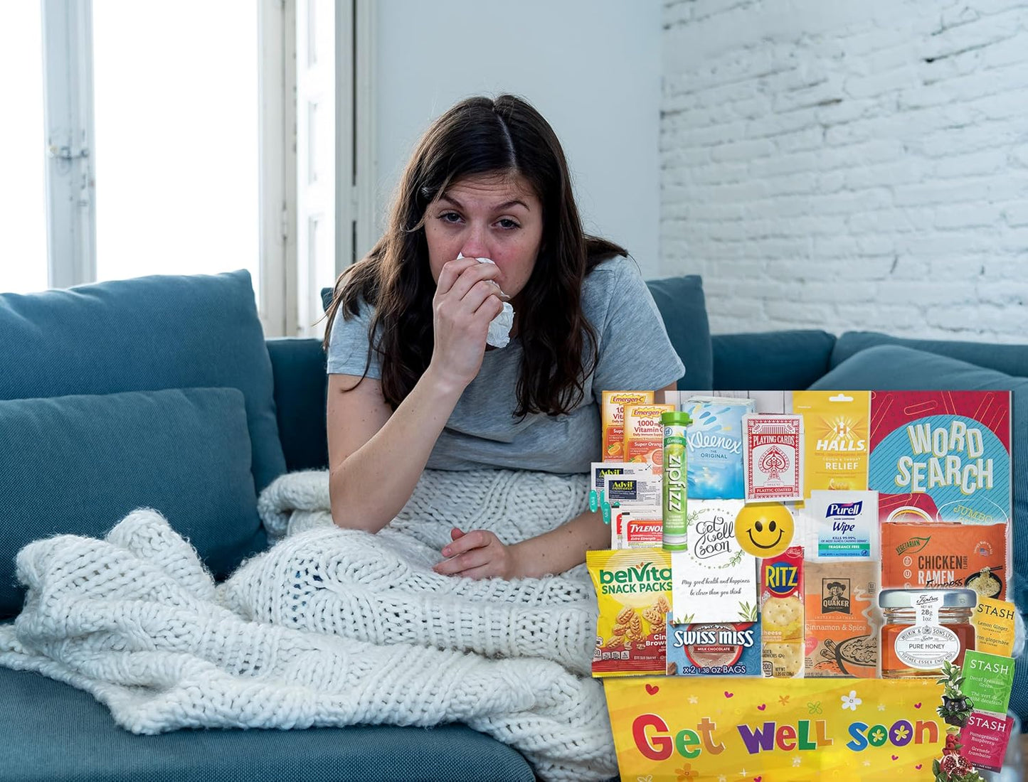 Flu Get Well Gift Basket Care Package β Snacks, Vitamin C, Medicine, Greeting Card, Wipes & Fun Activities β Comfort Gift Set with Tea, Stress Relief Colds, Flu, Allergies for adult & Teenage