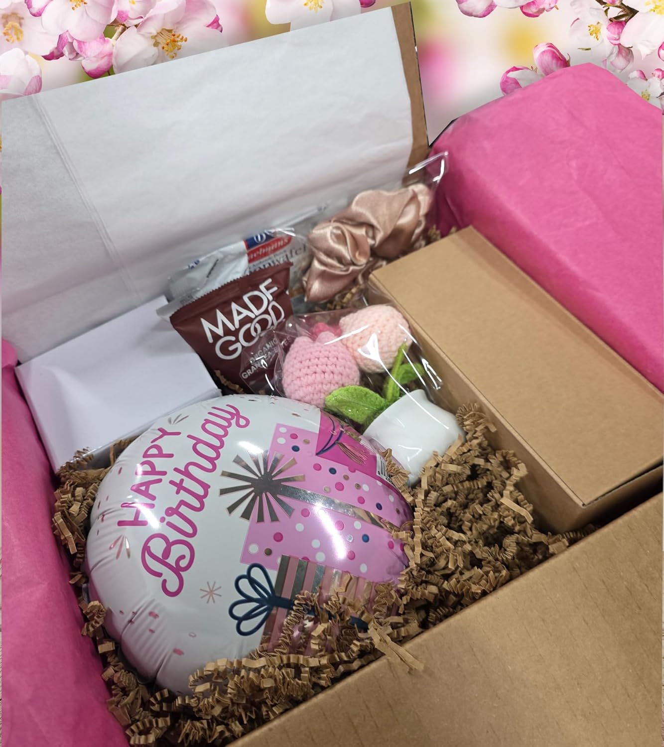 Birthday Gift Basket for Women, Self Care package, Happy Birthday Gifts for Her, Mom, Sister, Friend, Wife, Girlfriend, perfect Gifts Ideas w/Balloon, food snacks & goodies, Crochet Flower, Candle