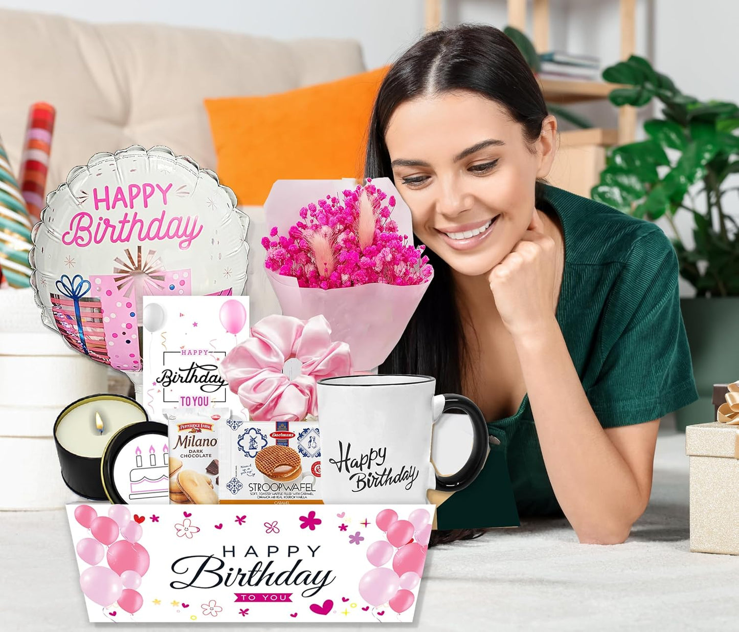 Birthday Gift BasketUnique Care package Gift set for women or teenage girl Variety gift wHappy birthday balloon dried flower bouquet, Card & snacks for best friend, Mom, Wife, Sister, Girlfriend