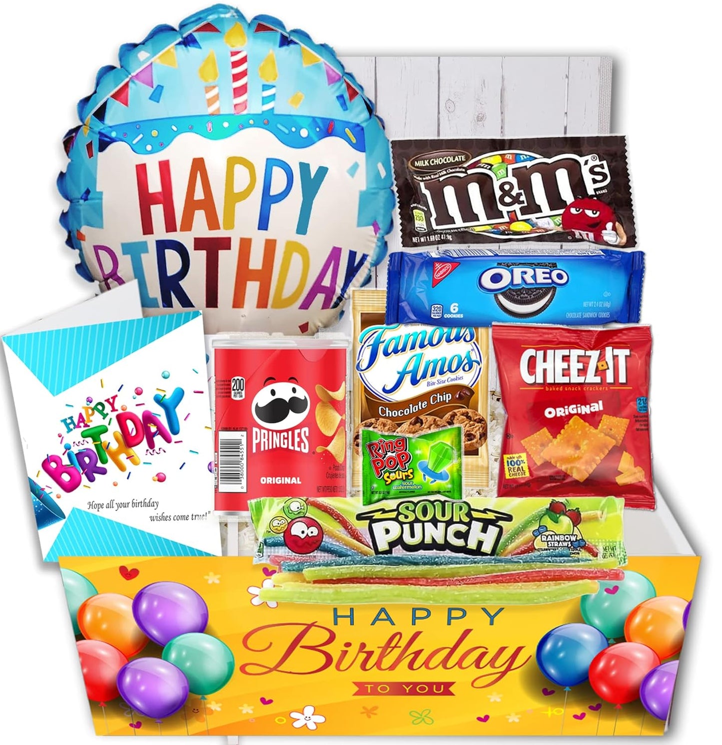 Birthday Gift Basket Candy variety pack with a Happy Birthday Balloon Care Package wsnacks and greeting card, for boy, girl, teenage, adults, best friend, Girlfriend, Boyfriend