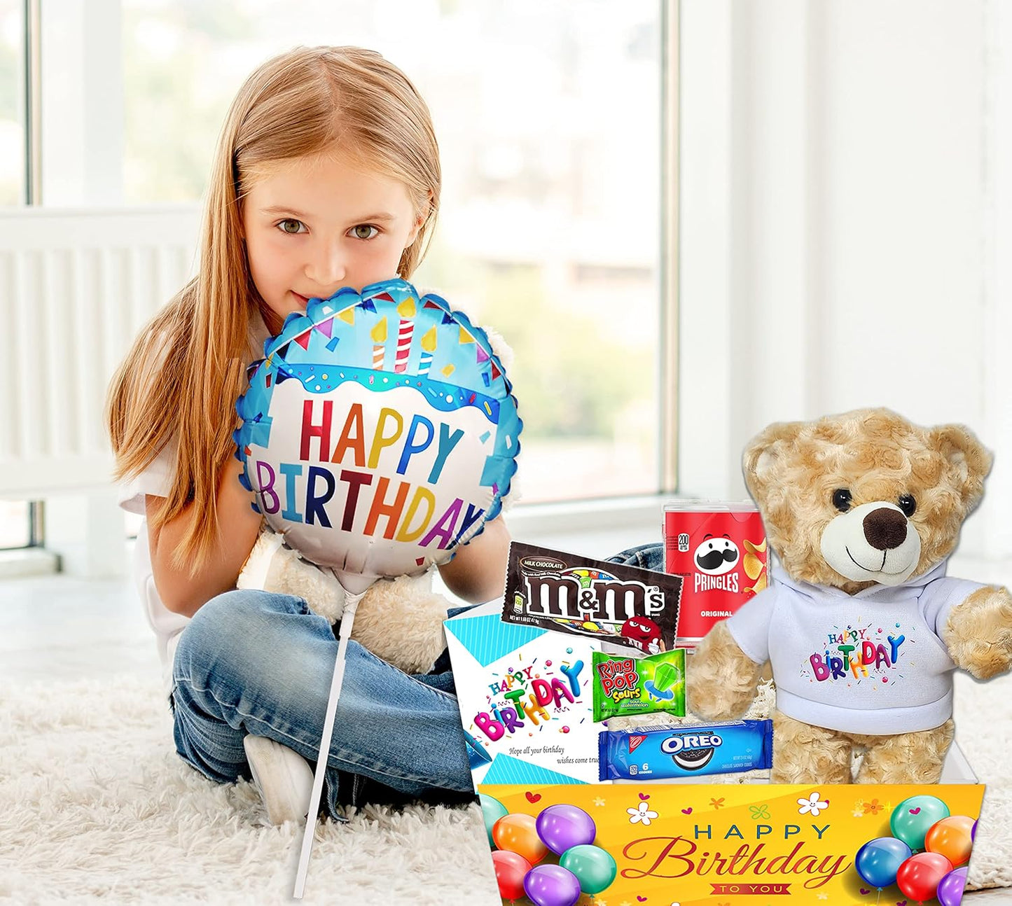 Birthday Gift Basket | Care Package for kids w/Teddy Bear, Happy Birthday Balloon & Greeting card, Candy & Snacks. The ultimate variety gift box for boy, girl, teenager, Grandson or Granddaughter