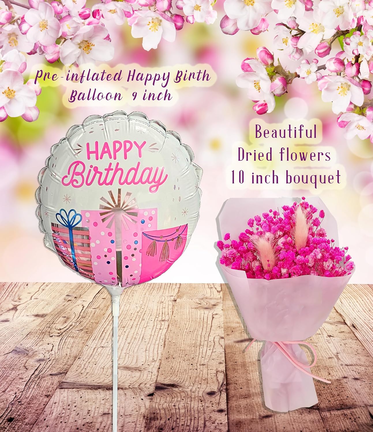 Birthday Gift BasketUnique Care package Gift set for women or teenage girl Variety gift wHappy birthday balloon dried flower bouquet, Card & snacks for best friend, Mom, Wife, Sister, Girlfriend