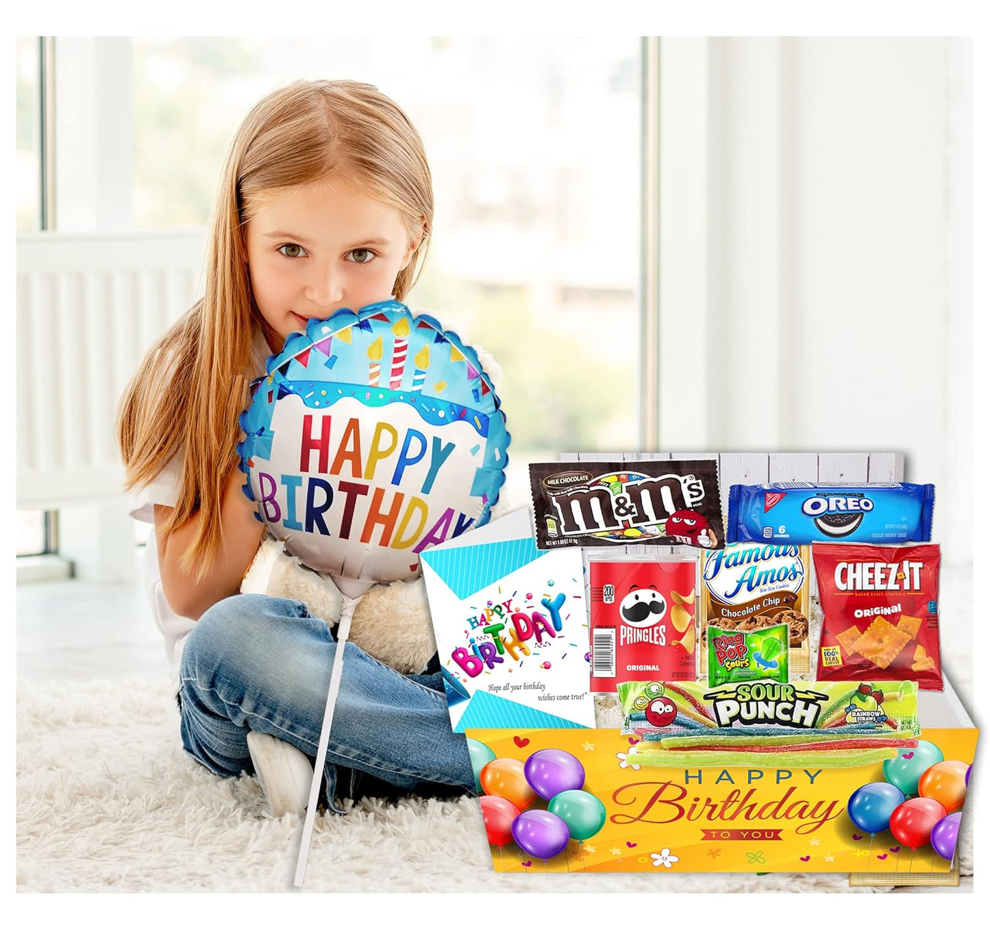 Birthday Gift Basket Candy variety pack with a Happy Birthday Balloon Care Package wsnacks and greeting card, for boy, girl, teenage, adults, best friend, Girlfriend, Boyfriend