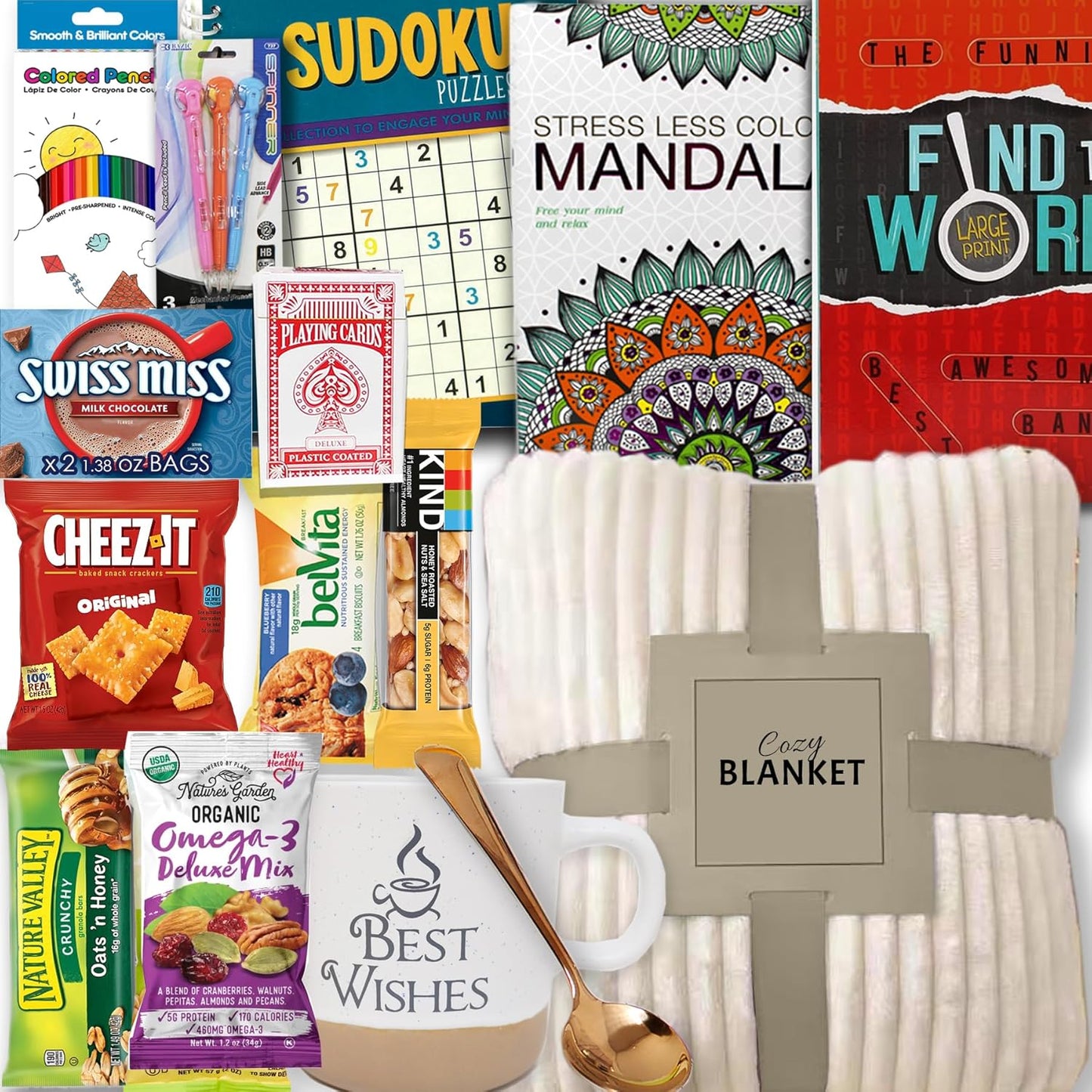 GET WELL SOON Gift basket Art set kit gift with Blanket | Home, Hospital After surgery recovery gift, Activity Books care package | Feel better soon for sick friend & Great Snack Variety