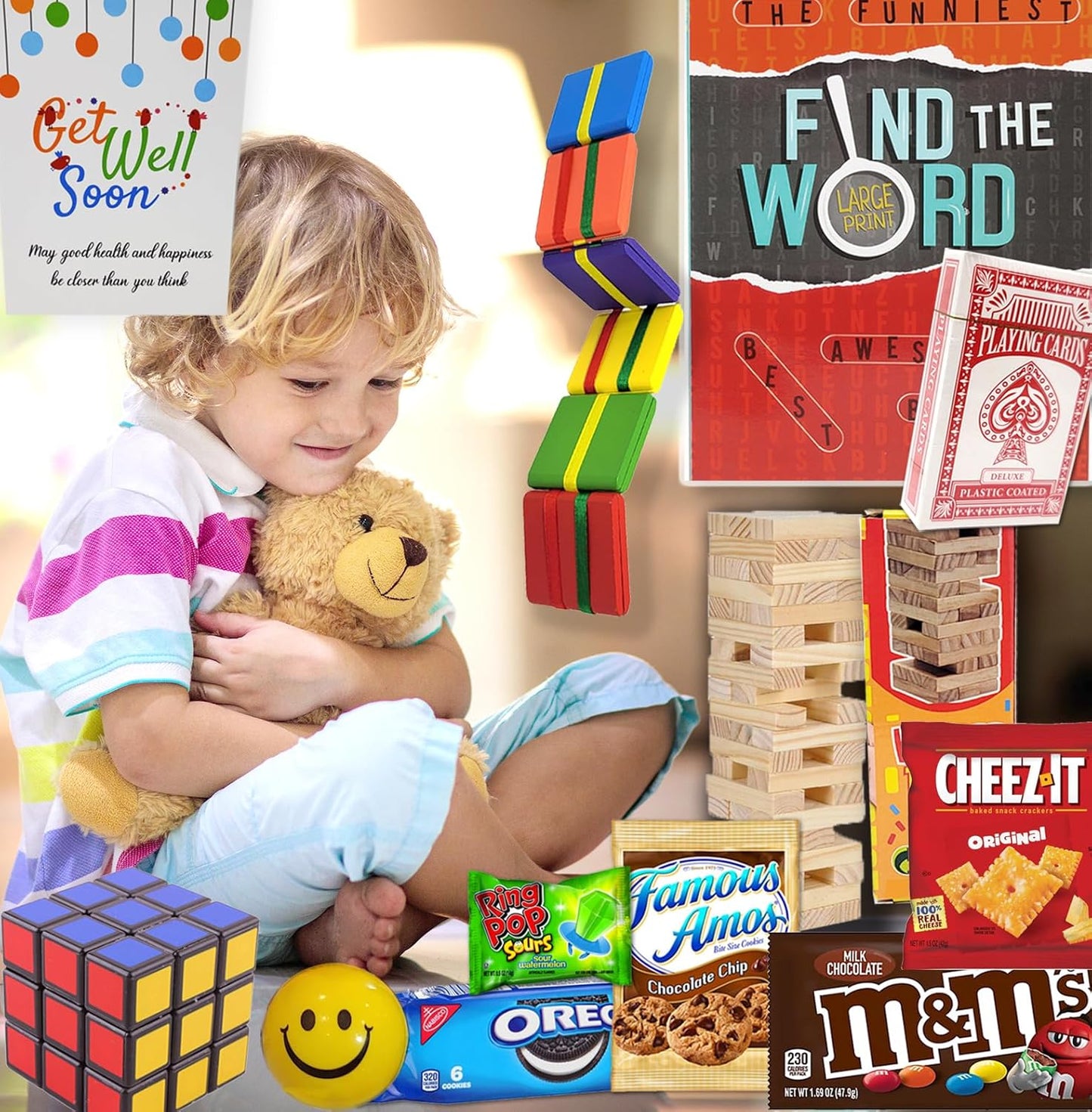 GET WELL SOON care package Gift for KIDS in recovery | Teddy Bear, Candy & Snacks Gift basket w/activities, Hospital or home, Greeting card, bundle package for children boy, girl, Feel better soon