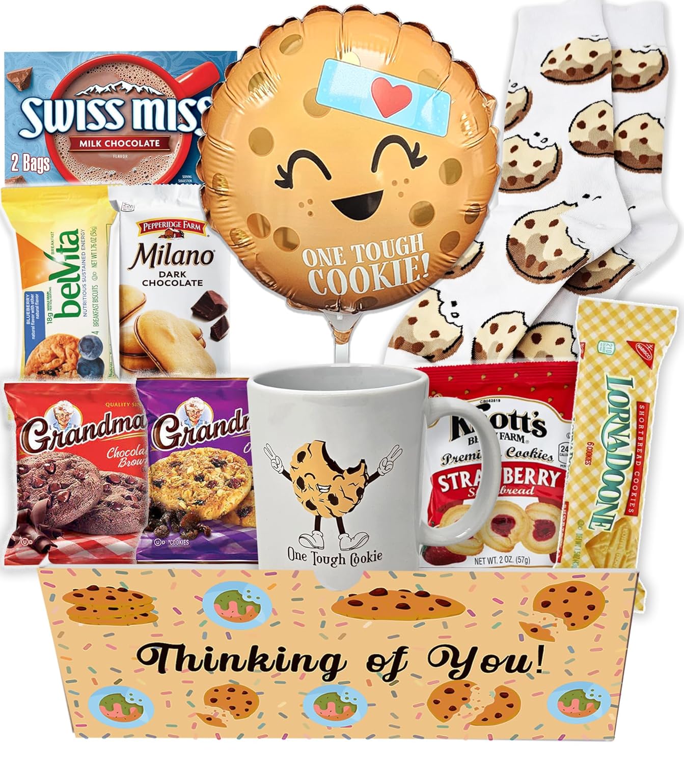 Get well Soon, One Tough Cookie Gift Basket, Care package Snack Box wCookie, Balloon, Mugs & Socks Feel better son for Adults teenagers or kids, Original unique gift box
