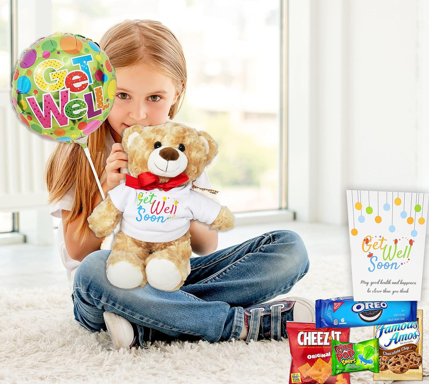 GET WELL GIFT BASKET, care package, w/Teddy Bear & Balloon, Candy & Snacks, greeting card for a sick kid. Recovery gift for a child boy or girl, Feel better soon for home or hospital