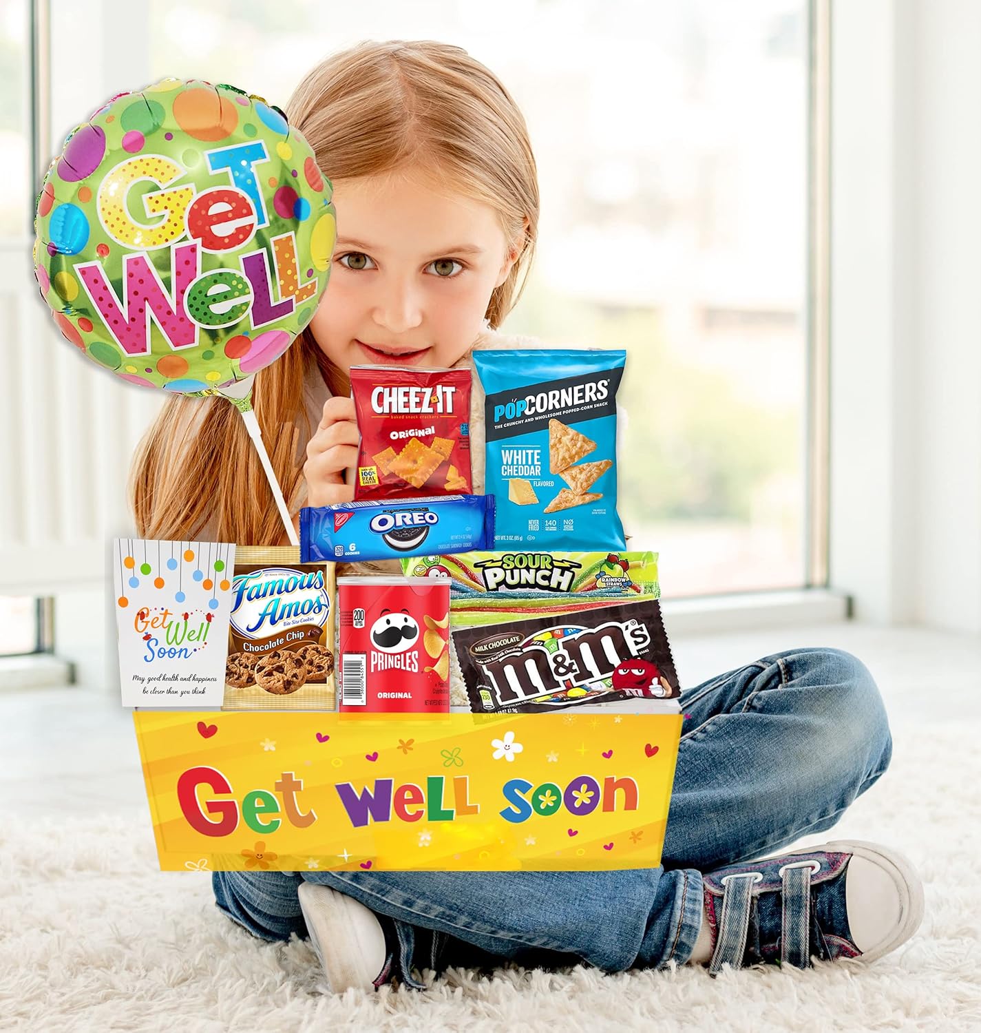 GET WELL GIFT basket, package for kids Unisex, child boy or girl Care package, Feel better soon for home or hospital after surgery w/Balloon, candy & snacks & greeting card