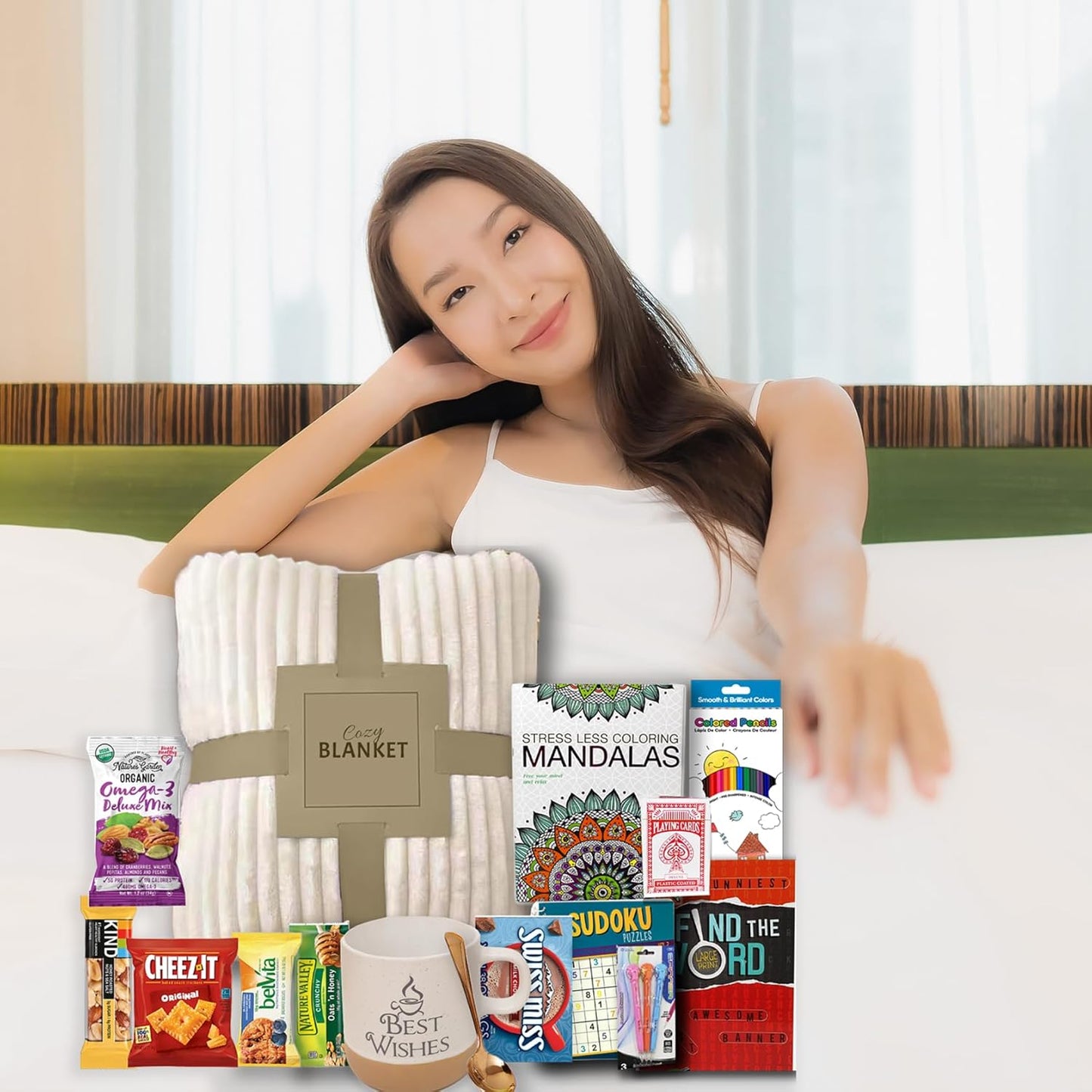GET WELL SOON Gift basket Art set kit gift with Blanket | Home, Hospital After surgery recovery gift, Activity Books care package | Feel better soon for sick friend & Great Snack Variety