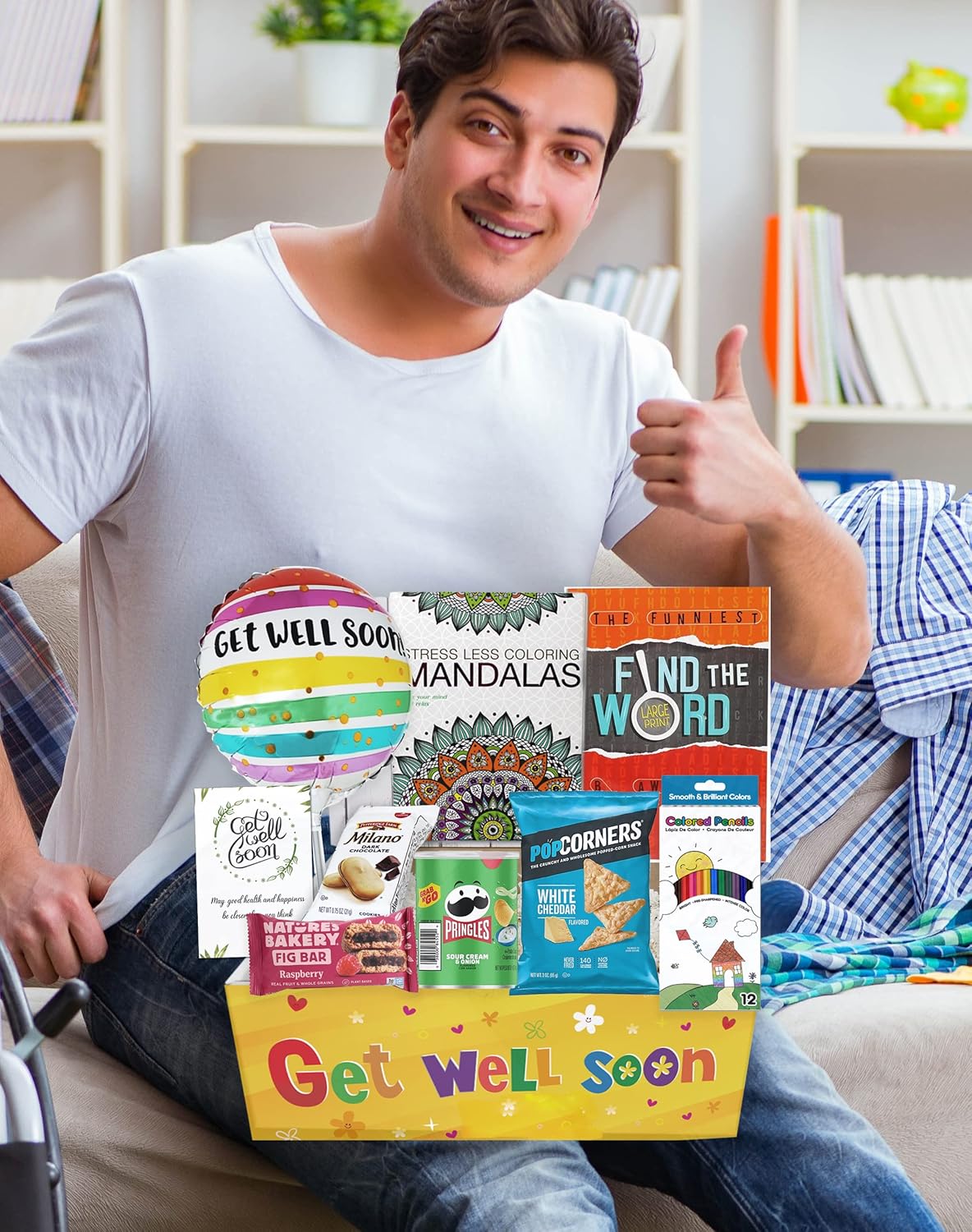 GET WELL GIFT Basket, package for Adults or kids Men, women, boy or girl Care package, Feel better soon for home or hospital, after surgery w/Balloon, candy & snacks & greeting card, Sympathy Gift