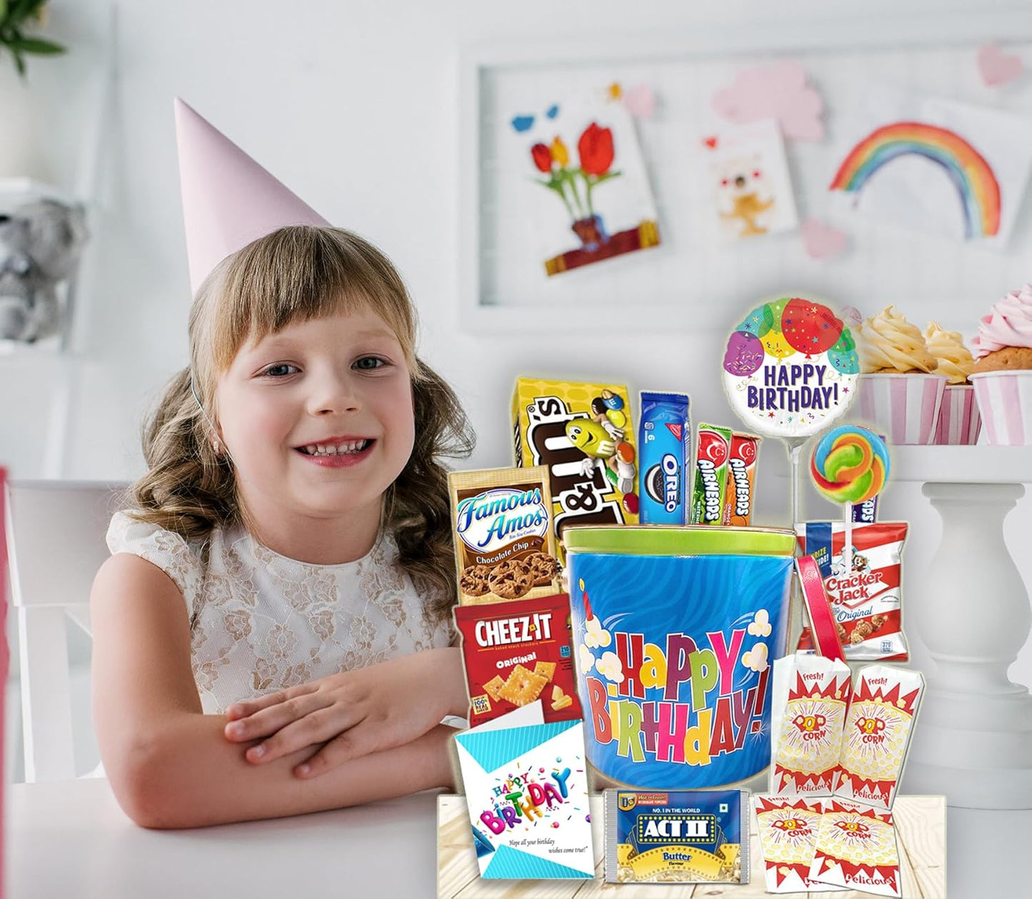 Happy Birthday Gift Basket full of goodies for Kids & Teenagers β Reusable Tin with Balloon, Snacks, Candy, Popcorn, Cookies, Savory Treats & Greeting Card β Birthday Care Package for Boys & Girls