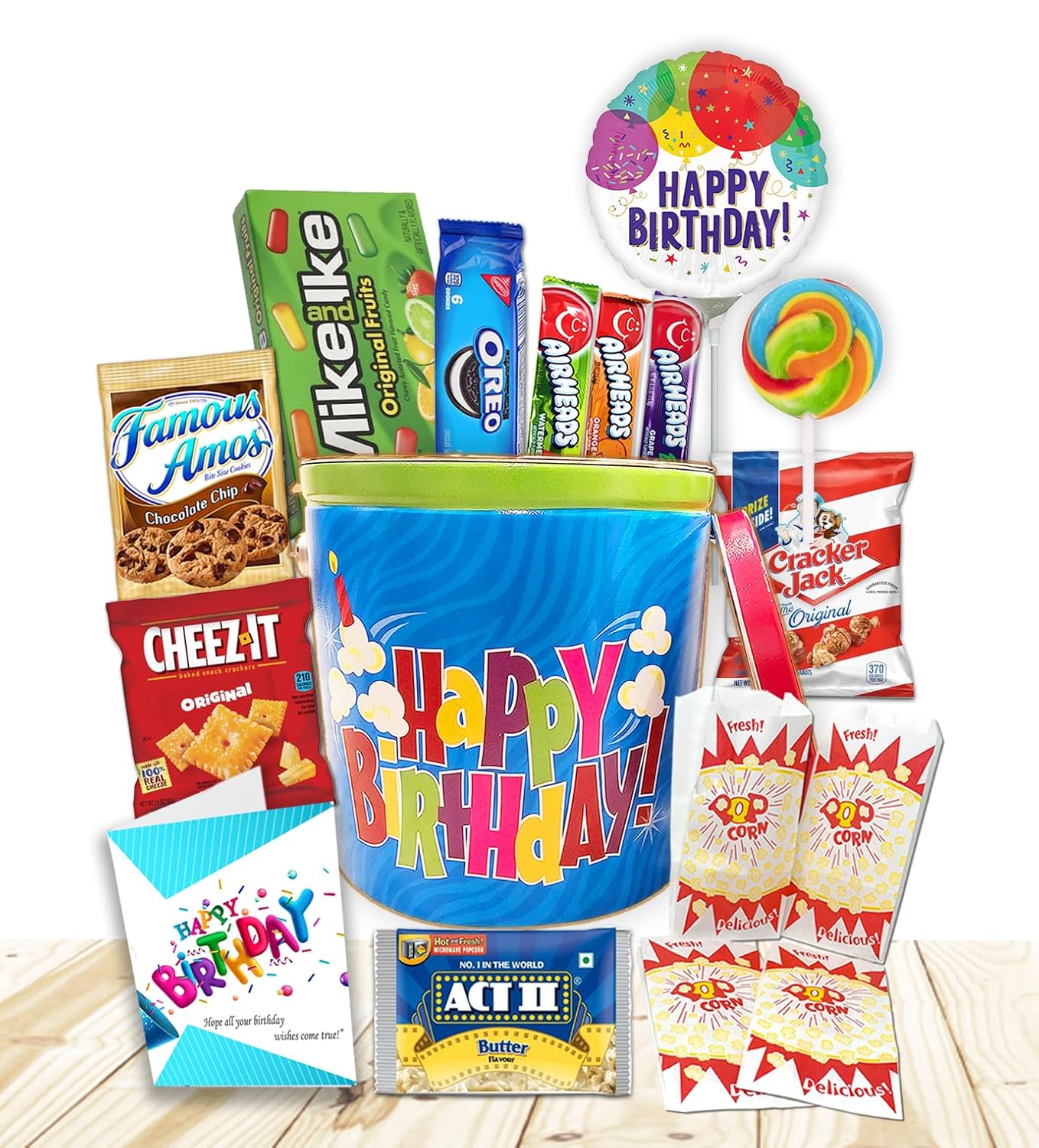 Happy Birthday Gift Basket full of goodies for Kids & Teenagers β Reusable Tin with Balloon, Snacks, Candy, Popcorn, Cookies, Savory Treats & Greeting Card β Birthday Care Package for Boys & Girls