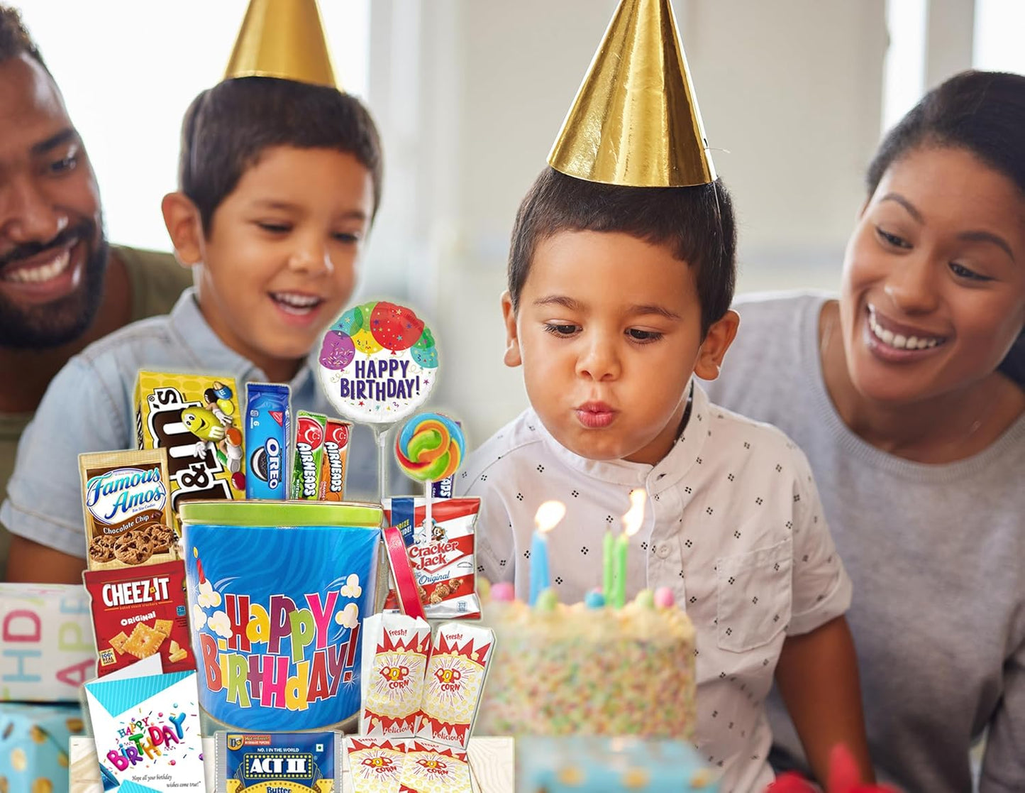 Happy Birthday Gift Basket full of goodies for Kids & Teenagers β Reusable Tin with Balloon, Snacks, Candy, Popcorn, Cookies, Savory Treats & Greeting Card β Birthday Care Package for Boys & Girls