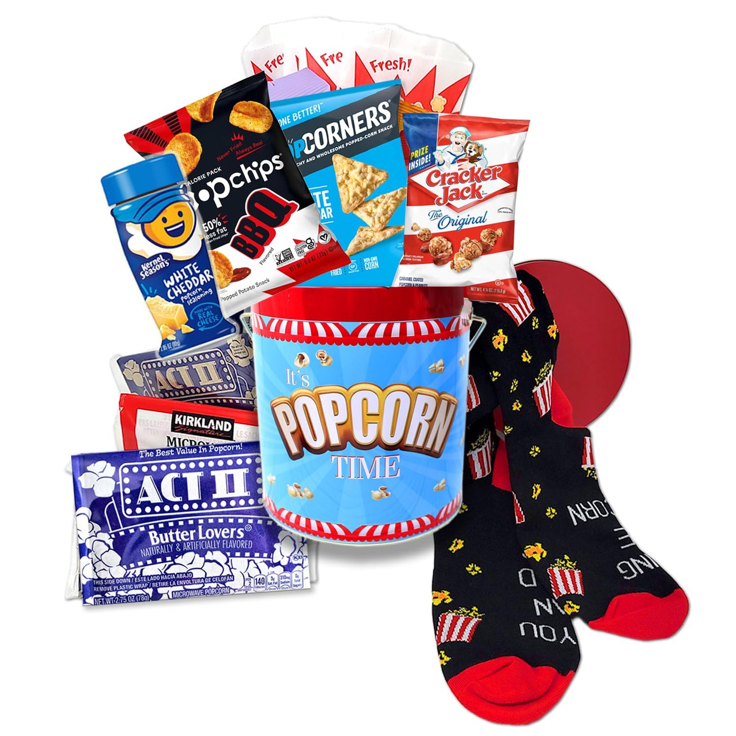 Perfect POPCORN LOVER Movie Night. Gift set, Game Night Snacks Gift Basket box | w/Socks, Tin, Popcorn Variety, Birthday gift for Kids or Family, Graduation, College