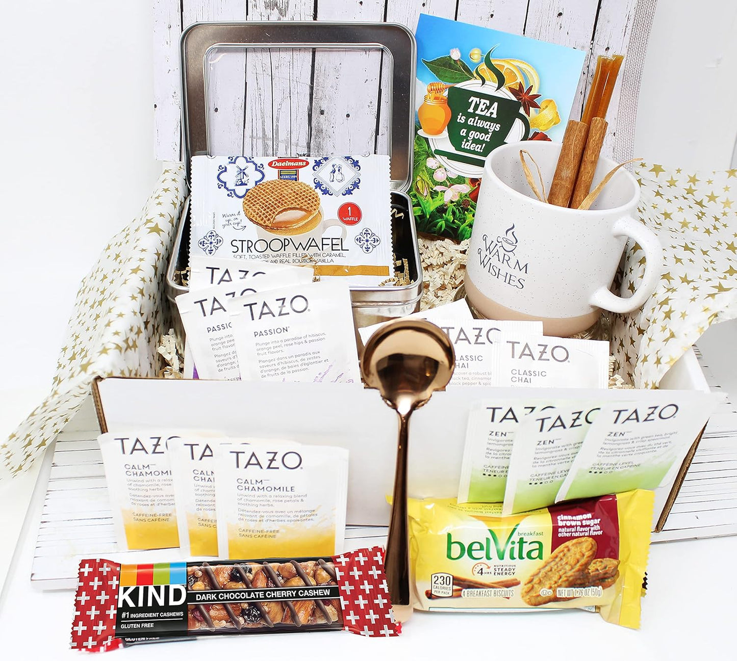 Perfect TEA LOVERS gift for women/men, mother's day mom gift, Tazo tea bags, Mug, Cookies, Honey, cinnamon, GET WELL SOON gift, thinking of you or thank you care package gift basket