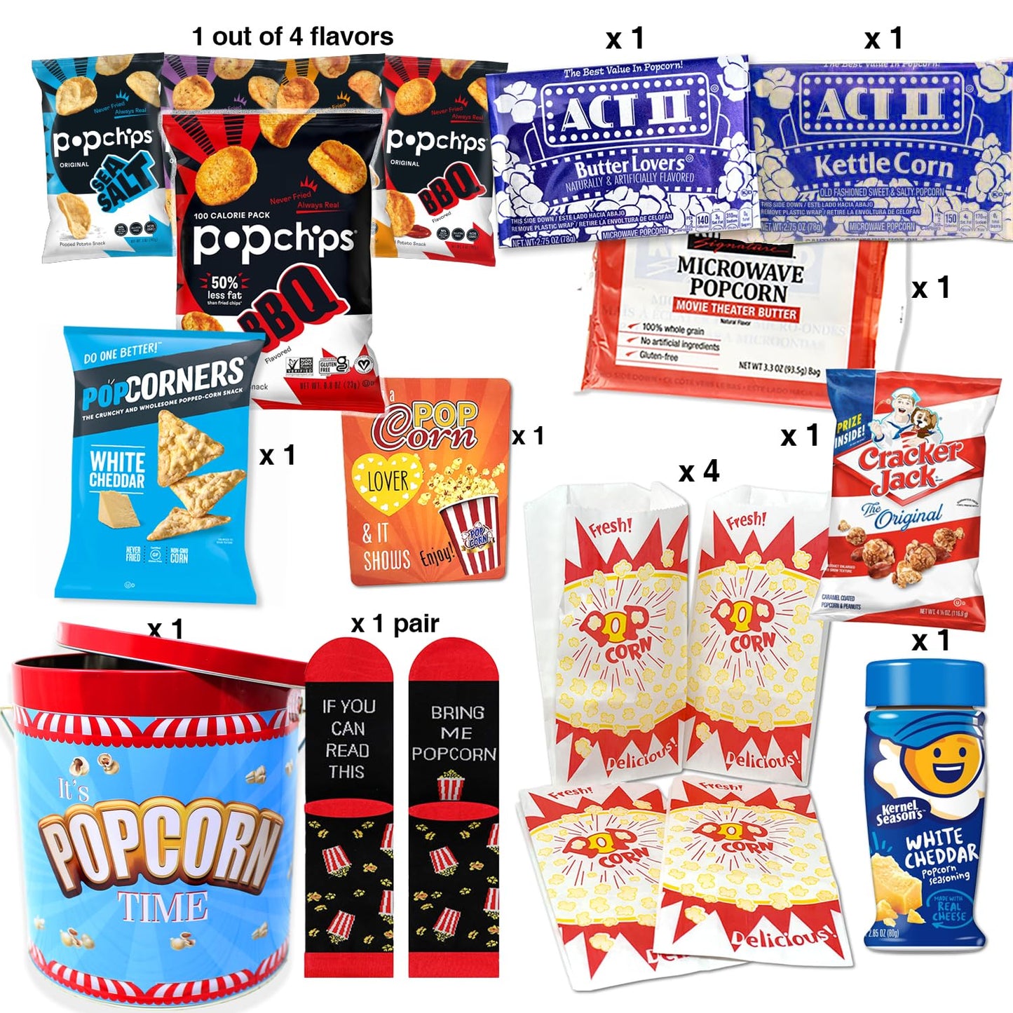 Perfect POPCORN LOVER Movie Night. Gift set, Game Night Snacks Gift Basket box | w/Socks, Tin, Popcorn Variety, Birthday gift for Kids or Family, Graduation, College