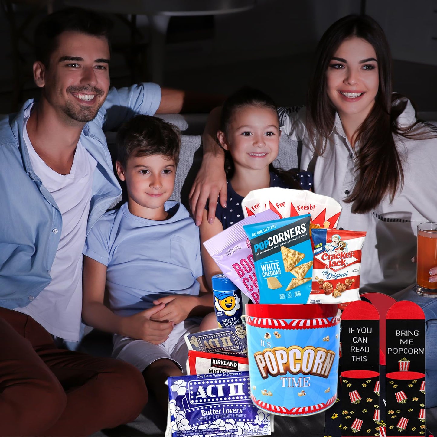 Perfect POPCORN LOVER Movie Night. Gift set, Game Night Snacks Gift Basket box | w/Socks, Tin, Popcorn Variety, Birthday gift for Kids or Family, Graduation, College