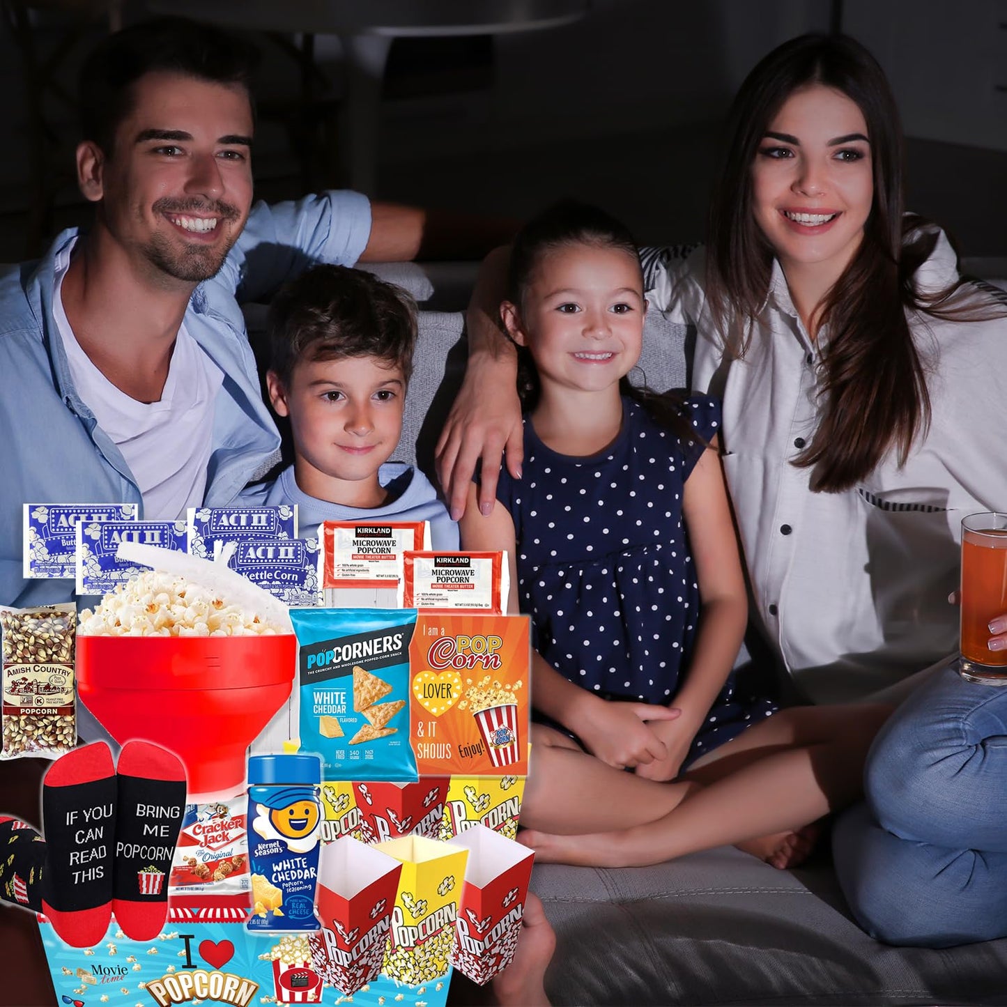 POPCORN LOVER Movie night Gift Basket care package - for family or Birthday gift snack variety or Popcorn seasoning, w/Hot Air Popcorn maker & Funny socks, the Ultimate gift box