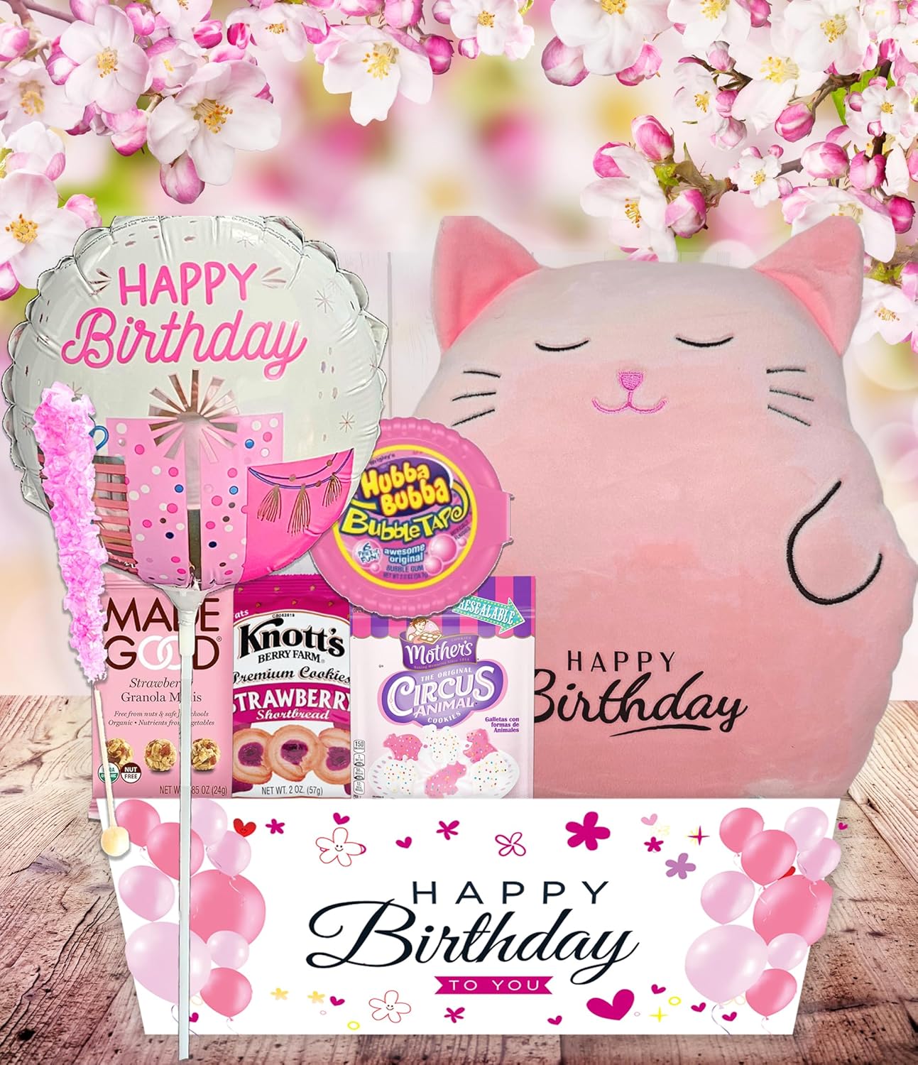 The Ultimate Birthday Gift Basket for Girls | variety pack with a Happy Birthday Pink Squishy, Balloon Care Package w/snacks & Candy, girl, teenage, Granddaughter