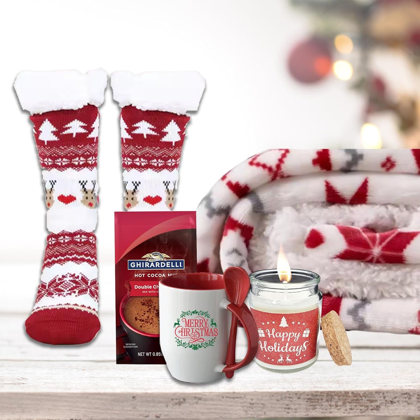 The ultimate CHIRISTMAS & Holiday Gift basket set for women, with blanket, Socks snacks, mug candle, variety gift box Christmas Holiday Gift Care package | gift basket for wife, mom, mother, grandma, sister, friend or aunt