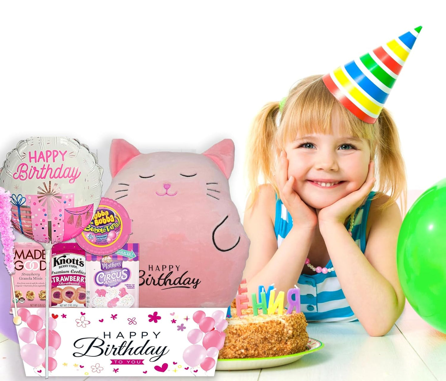 The Ultimate Birthday Gift Basket for Girls | variety pack with a Happy Birthday Pink Squishy, Balloon Care Package w/snacks & Candy, girl, teenage, Granddaughter