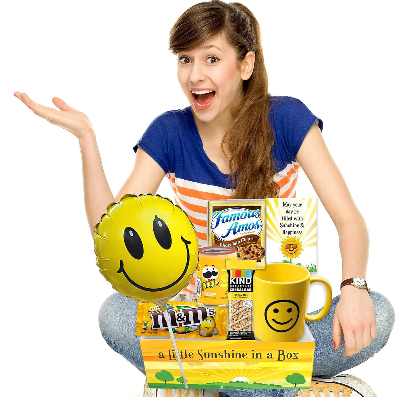 Thinking of You, Cheer Up CARE PACKAGE, Happy YELLOW Gift Basket Sending Sunshine gift package w/Balloon, Mug & Snacks | For Kids Teenage, college students, Women, sister birthday gift variety box