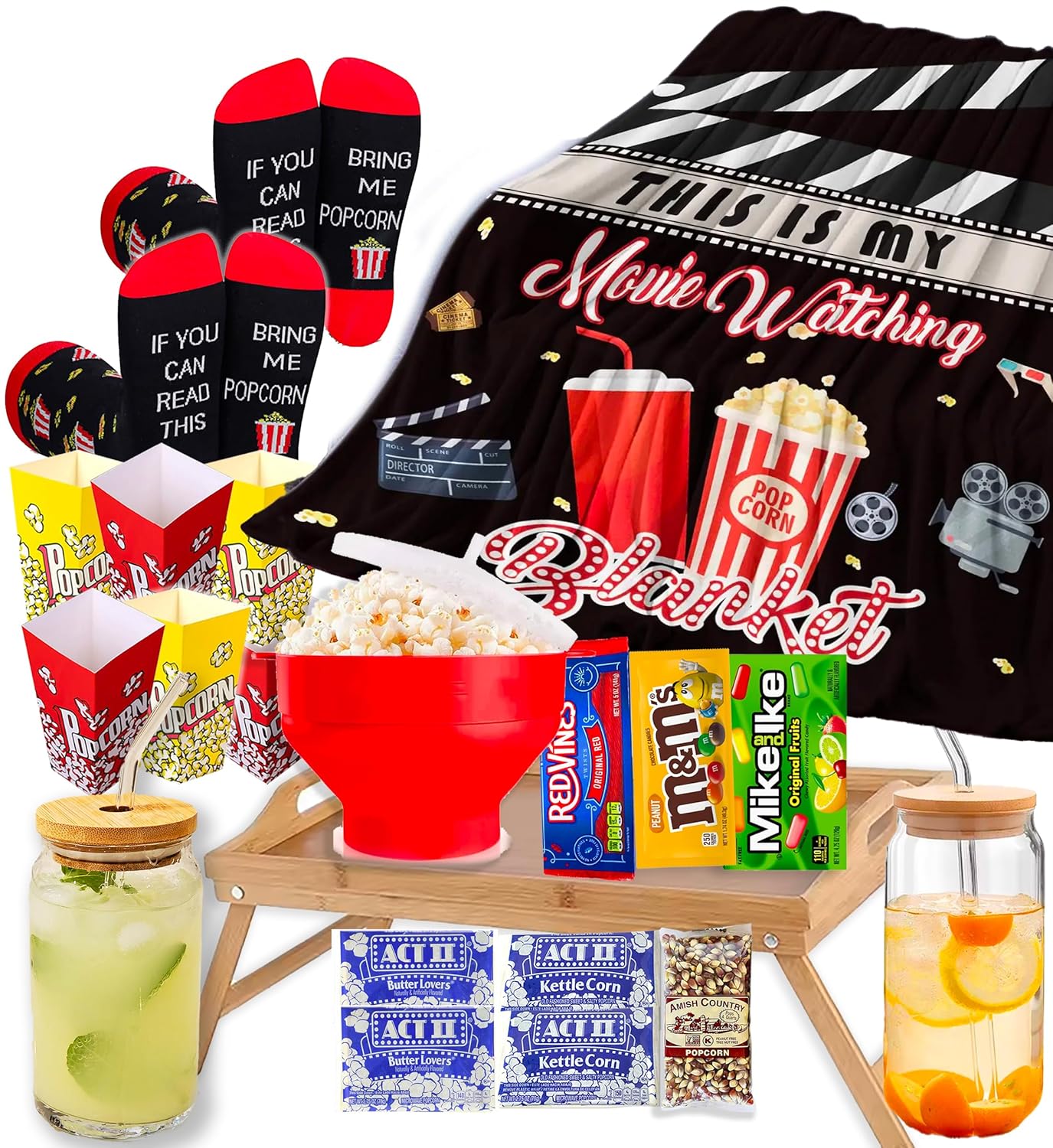 Ultimate Movie Night Gift Basket, HOUSEWARMING Gift for couples, Variety Care Package w/ Snacks, Full-Size candy variety POPCORN LOVER box for couple new house gift set, Family or birthday Gift w/Candy & Blanket
