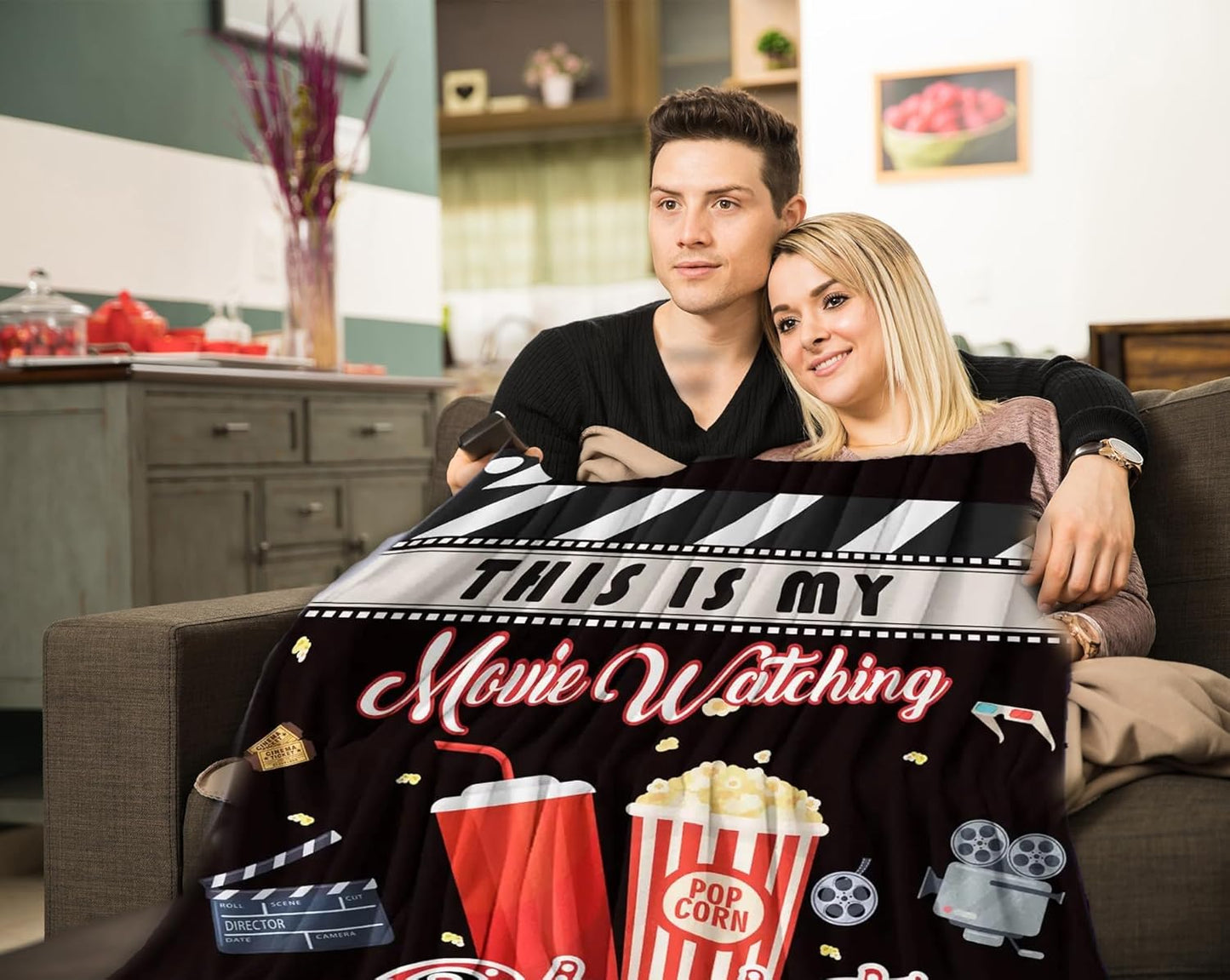 Ultimate Movie Night Gift Basket, HOUSEWARMING Gift for couples, Variety Care Package w/ Snacks, Full-Size candy variety POPCORN LOVER box for couple new house gift set, Family or birthday Gift w/Candy & Blanket