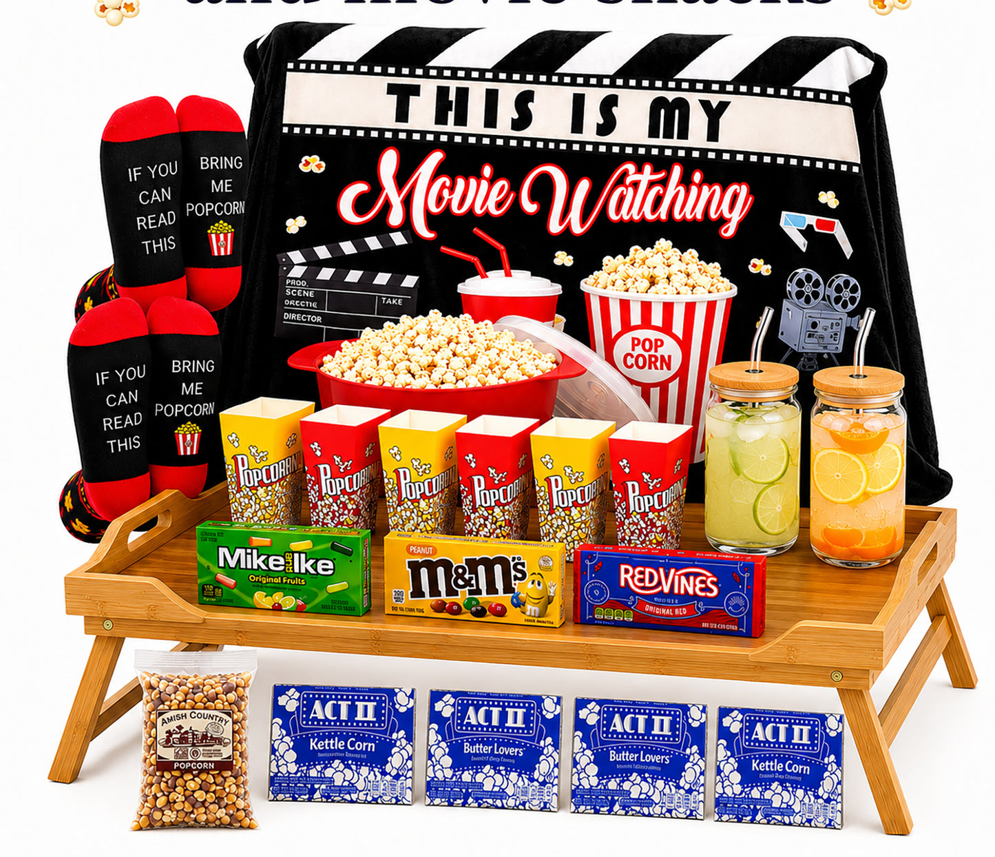 Movie Night Care Package – Popcorn, Full Size Candy & Blanket Gift Basket for Couples & Families