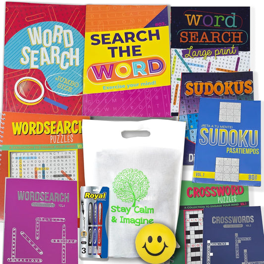 Activity & Puzzle Books Bundle for Adults - 13 Item (Get Well Soon) in a Tote Bag. Word Search, Crossword, Sudoku Pens & Brain Teasers for Seniors, Recovery, Hospital, Surgery Rehab, Brain Exercise