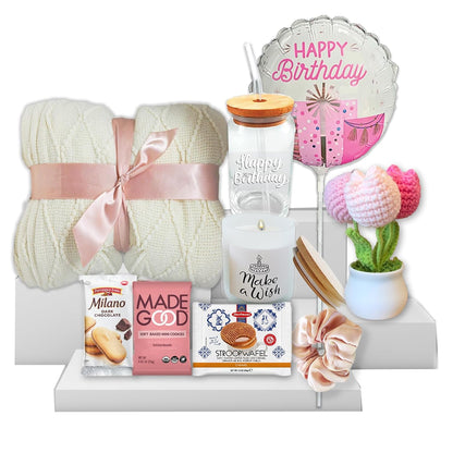 Birthday Gift Basket for Women, Self Care package, Happy Birthday Gifts for Her, Mom, Sister, Friend, Wife, Girlfriend, perfect Gifts Ideas w/Balloon, food snacks & goodies, Crochet Flower, Candle