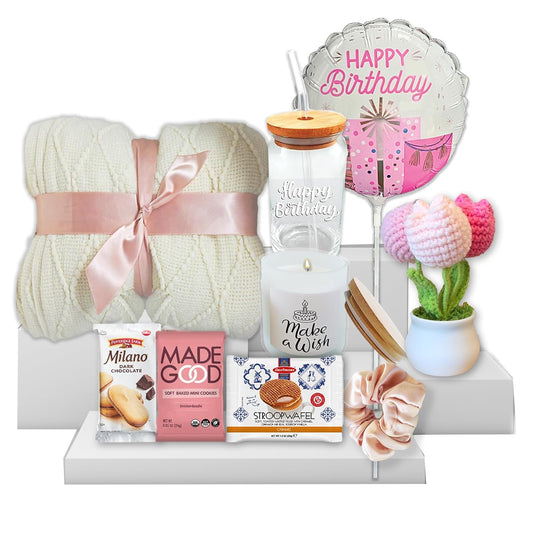 Birthday Gift Basket for Women, Self Care package, Happy Birthday Gifts for Her, Mom, Sister, Friend, Wife, Girlfriend, perfect Gifts Ideas w/Balloon, food snacks & goodies, Crochet Flower, Candle