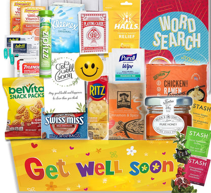 Flu Get Well Gift Basket Care Package – Snacks, Vitamin C, Medicine, Greeting Card, Wipes & Fun Activities – Comfort Gift Set with Tea, Stress Relief Colds, Flu, Allergies for adult & Teenage