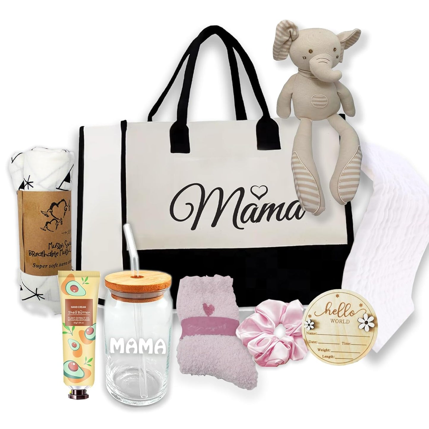 New Mom Gift Basket Care Package  Baby Shower Gift Set for Mom & Baby wNewborn Essentials  After Labor Hospital Gift Bundle for Expecting Moms  Tote Bag, Swaddle, Burp Cloth, Socks & More