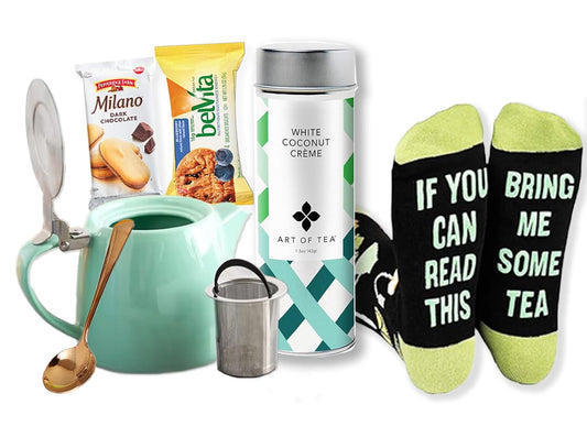 Tea Lover Gift Basket with Porcelain Teapot & Strainer, Funny Tea Socks, Herbal Tea, Golden Spoon, Wafers & Cookies Tea Gift Set for Women, Mom, Birthday, Get Well, Relaxation