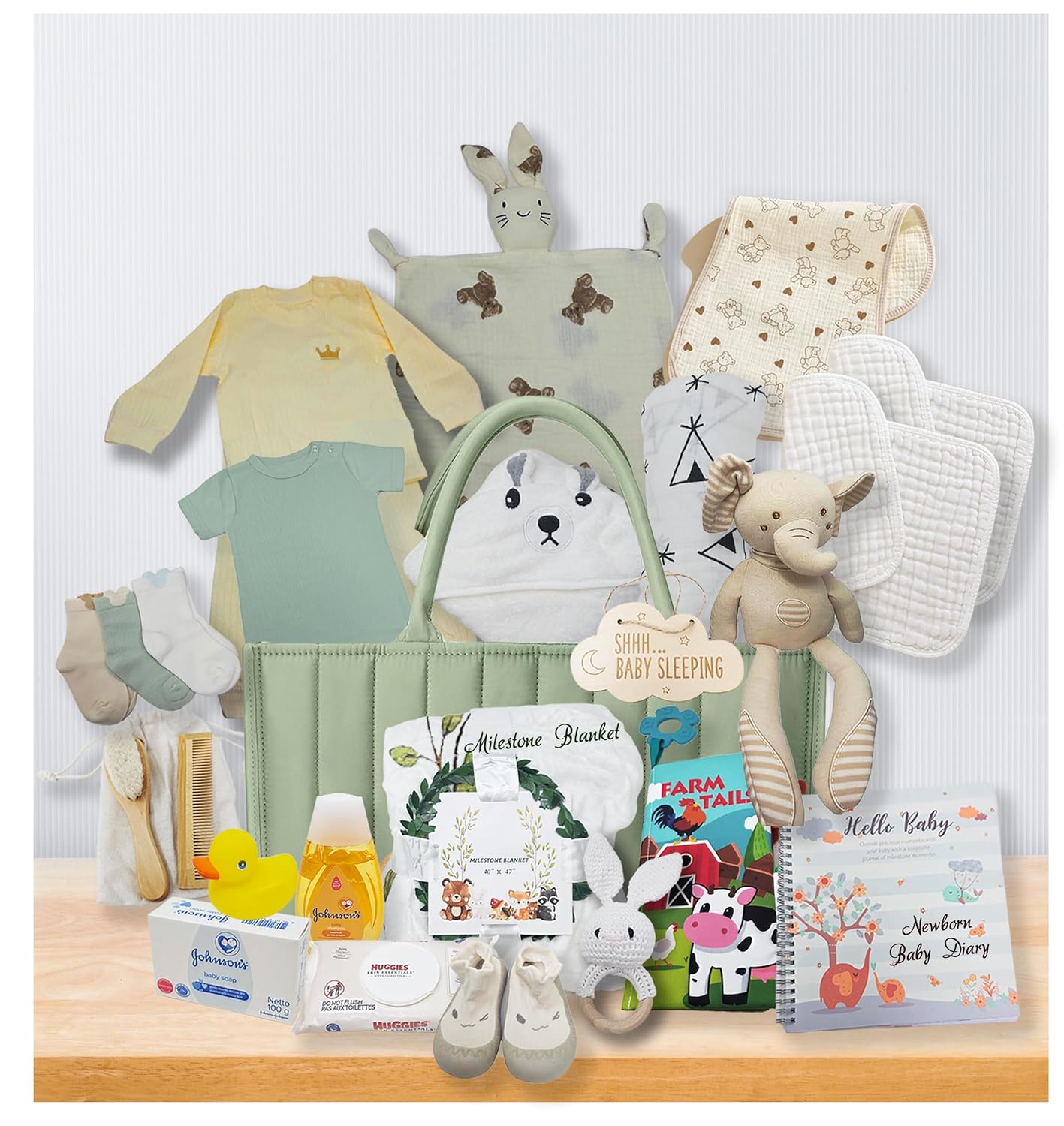The Ultimate New Baby Gift Basket Unisex | Green Baby Shower Gift Set w/Diaper Caddy, Essentials & Keepsakes | Care Package for New Mom, Baby Boy or Girl | Welcome Baby Present w/Clothes & Nursery
