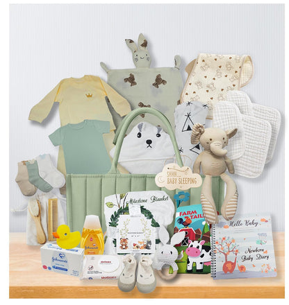 The Ultimate New Baby Gift Basket Unisex | Green Baby Shower Gift Set w/Diaper Caddy, Essentials & Keepsakes | Care Package for New Mom, Baby Boy or Girl | Welcome Baby Present w/Clothes & Nursery