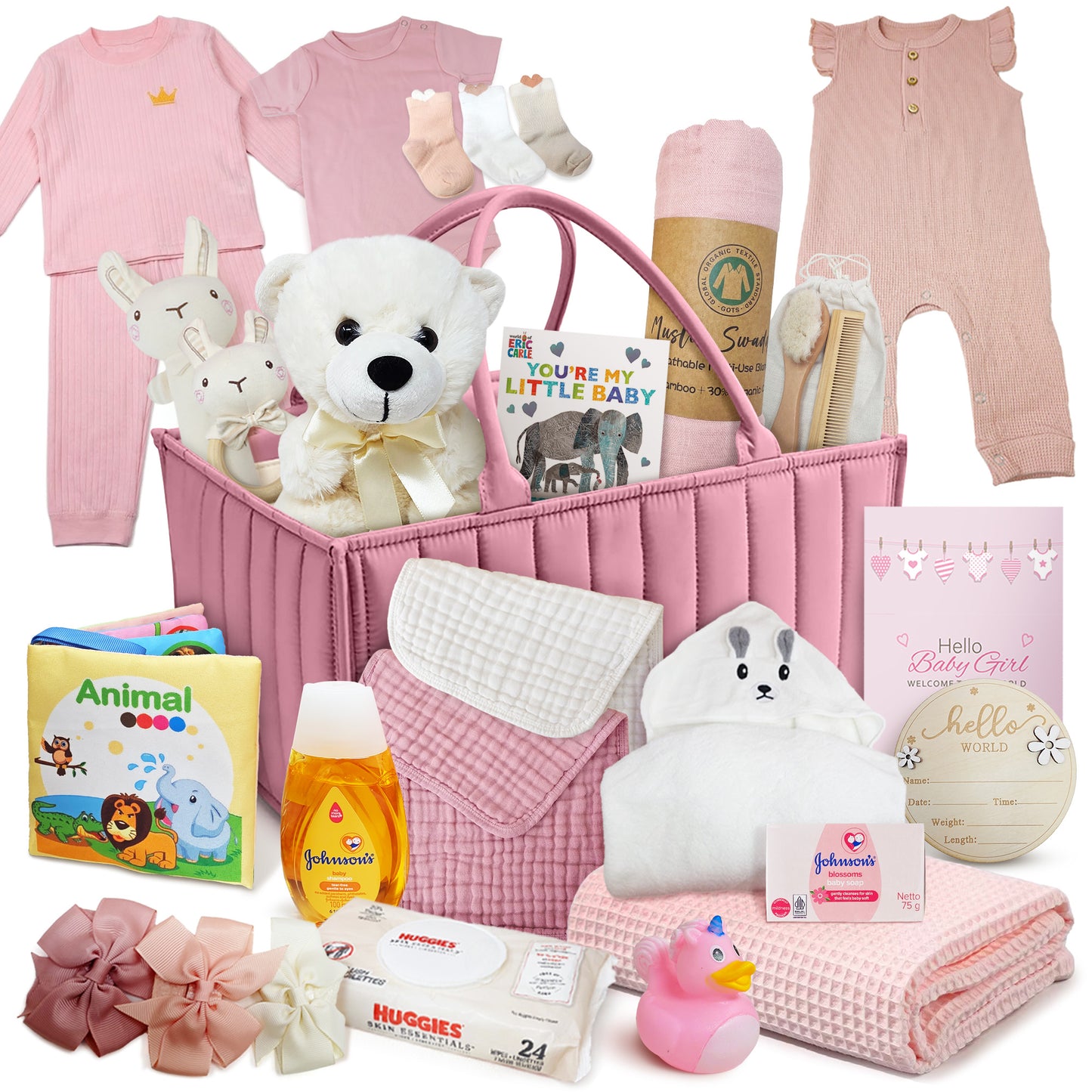 Premium New Baby Girl Gift Basket  Newborn Essentials Care Package in Diaper Caddy Organizer  Elephant Plush Toy, Baby Clothes, Bath Set, Hooded Towel, Rattle, Keepsakes & More Pink & White