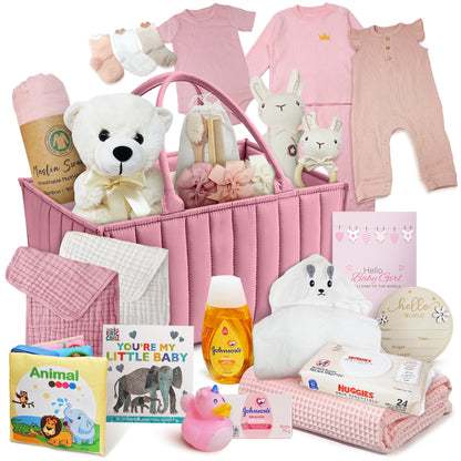 Premium New Baby Girl Gift Basket  Newborn Essentials Care Package in Diaper Caddy Organizer  Elephant Plush Toy, Baby Clothes, Bath Set, Hooded Towel, Rattle, Keepsakes & More Pink & White