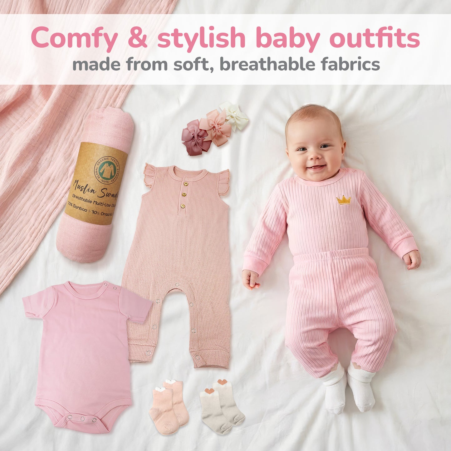 Premium New Baby Girl Gift Basket  Newborn Essentials Care Package in Diaper Caddy Organizer  Elephant Plush Toy, Baby Clothes, Bath Set, Hooded Towel, Rattle, Keepsakes & More Pink & White