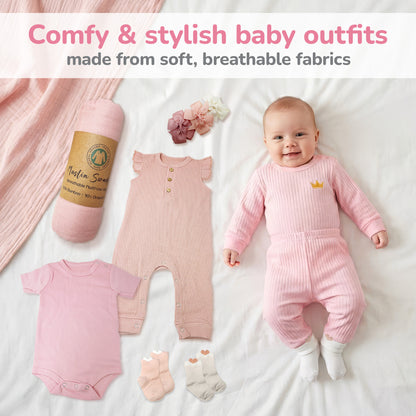 Premium New Baby Girl Gift Basket  Newborn Essentials Care Package in Diaper Caddy Organizer  Elephant Plush Toy, Baby Clothes, Bath Set, Hooded Towel, Rattle, Keepsakes & More Pink & White