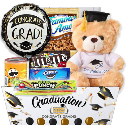 2025 Graduation Gifts Set Care package, Congrats Grad Gift Basket Set Include Balloon, Candy Cookies & Snacks Teddy Bear for Senior College Graduated Boy/Girl