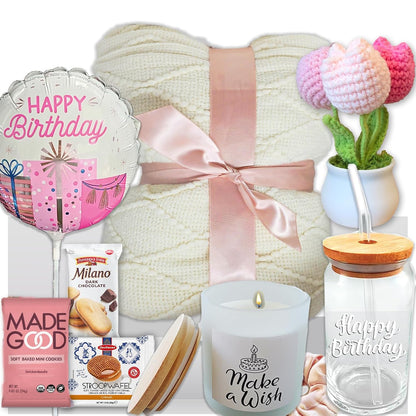 Birthday Gift Basket for Women, Self Care package, Happy Birthday Gifts for Her, Mom, Sister, Friend, Wife, Girlfriend, perfect Gifts Ideas w/Balloon, food snacks & goodies, Crochet Flower, Candle