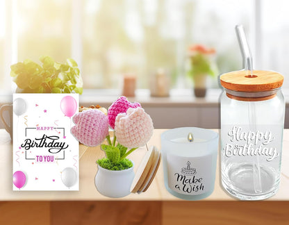 Birthday Gift Basket for Women, Self Care package, Happy Birthday Gifts for Her, Mom, Sister, Friend, Wife, Girlfriend, perfect Gifts Ideas w/Balloon, food snacks & goodies, Crochet Flower, Candle